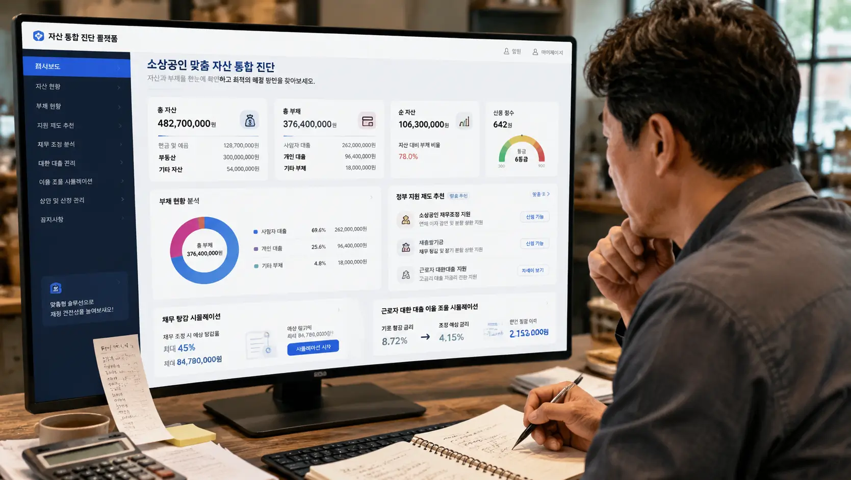 정부 지원 채무 탕감 및 근로자 대환 대출 이율 조율을 위해 자산 통합 진단 플랫폼 화면을 분석하는 소상공인 대표