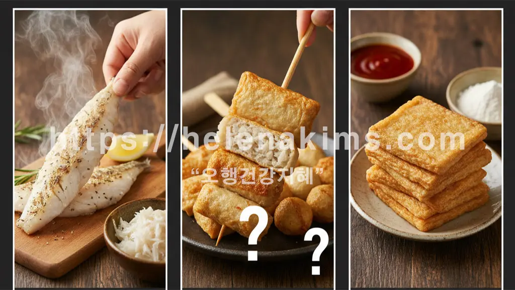 어묵의 원재료 흰살 생선과 어묵이 놓여 있는 이미지.