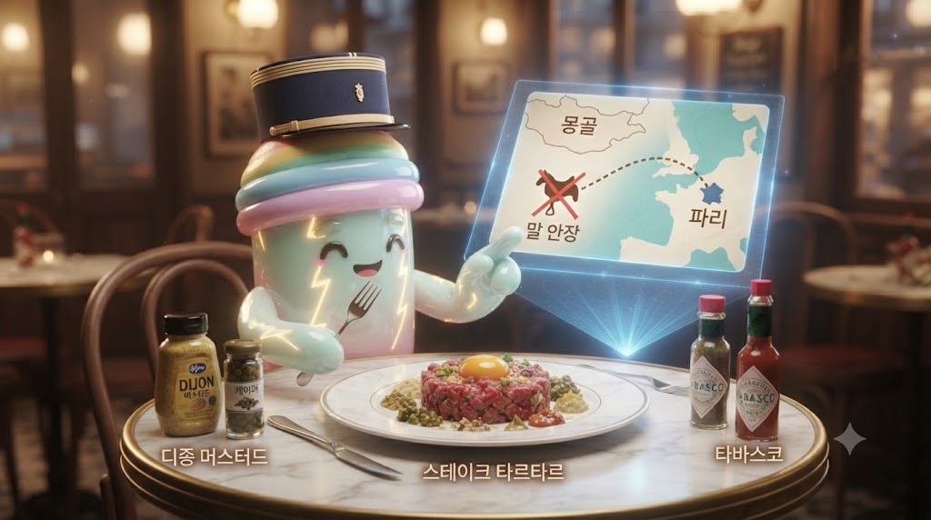 쫀쿠가 프랑스 파리의 19세기 말 분위기가 물씬 풍기는 비스트로(Bistro)에 앉아 있습니다. 머리에는 나폴레옹 시대 군모를 연상시키는 미니 모자를 썼고, 앞에는 고급 안심을 칼로 곱게 다져 만든 스테이크 타르타르가 접시에 담겨 있습니다. 쫀쿠는 몽골 전사가 말 안장 밑에 고기를 넣었다는 그림이 그려진 낡은 고문서를 한 손에 들고, 다른 한 손으로는 타바스코 소스를 뿌리며 익살스러운 표정을 짓고 있습니다. 주변 테이블에는 디종 머스터드, 케이퍼, 샬롯 등이 놓여 있습니다.