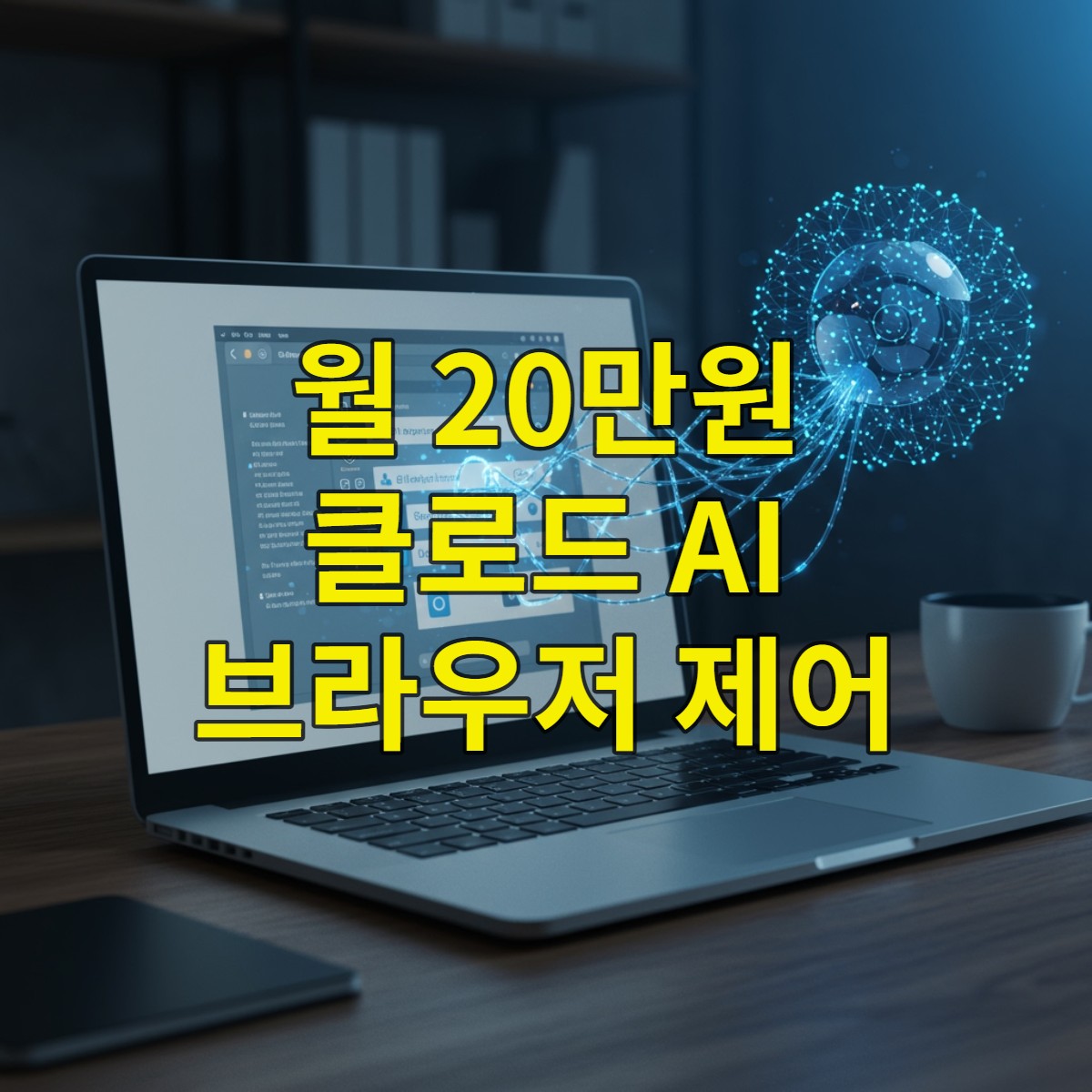클로드 AI가 브라우저를 제어하는 미래지향적인 모습. 파란색 빛을 내는 AI 오브가 노트북 화면 속 웹 브라우저를 조작하는 이미지.