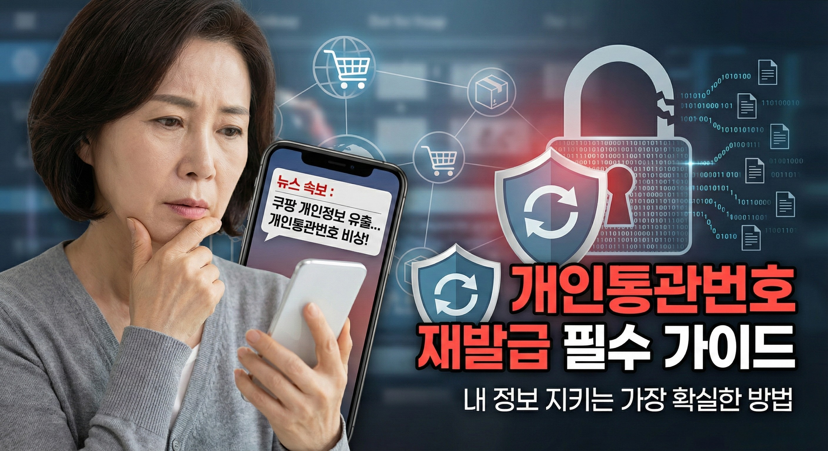 쿠팡 개인정보 유출 소식을 확인하며 개인통관번호 재발급이 필요하다는 안내를 보는 중년 여성 이미지