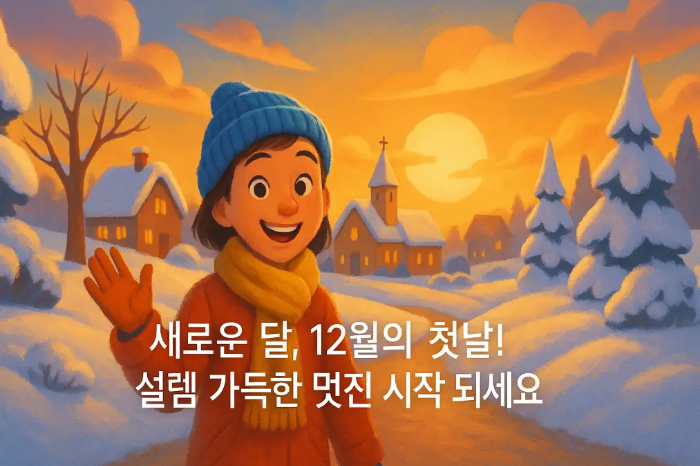 눈이 내린 마을 길에 서있는 여자