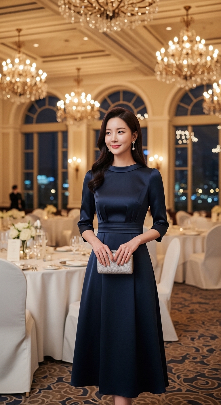 호텔 연회장에서 빛나는 실크 새틴 원피스
