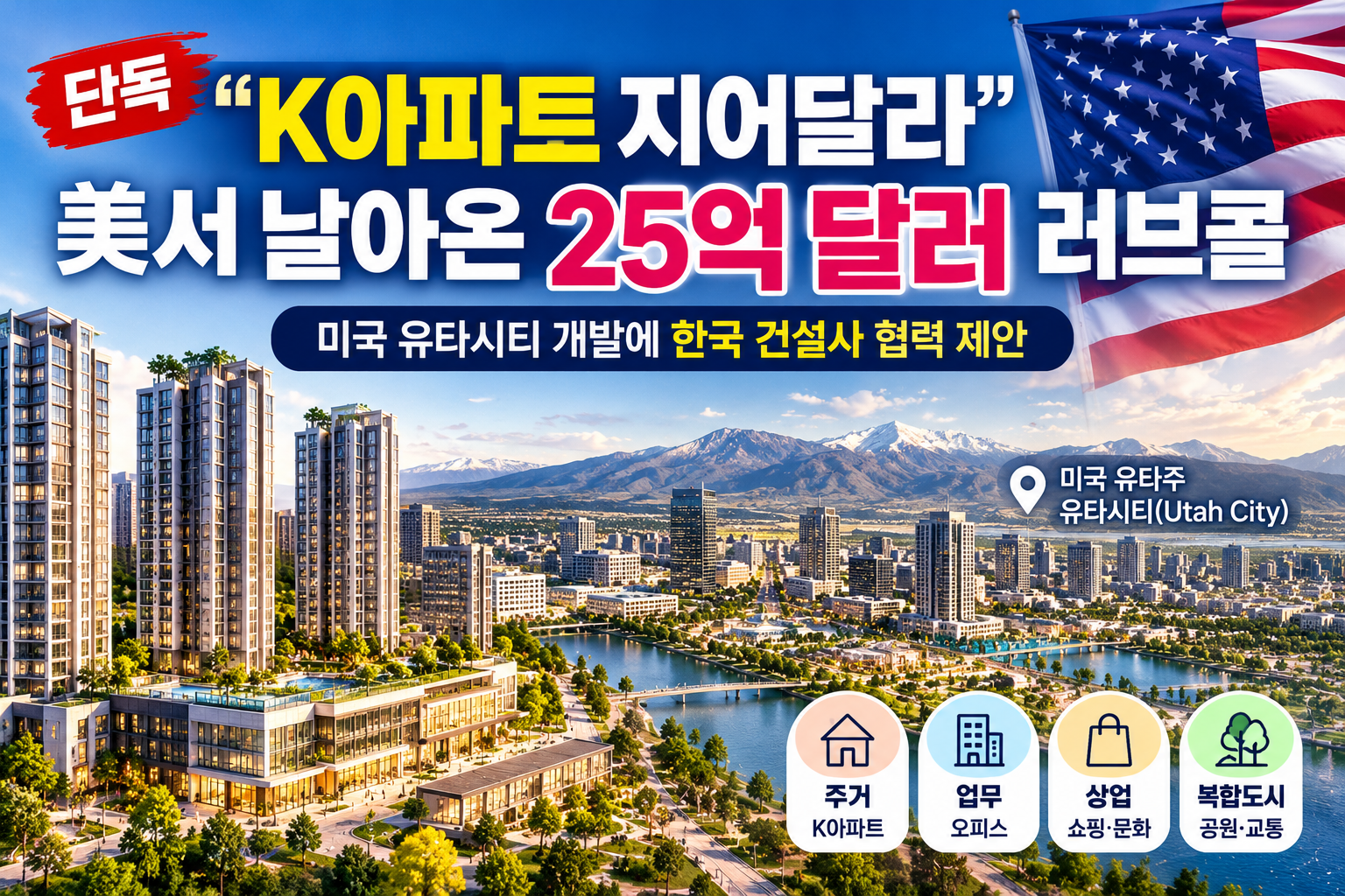 미국 복합도시와 한국형 아파트를 표현한 AI 생성 이미지
