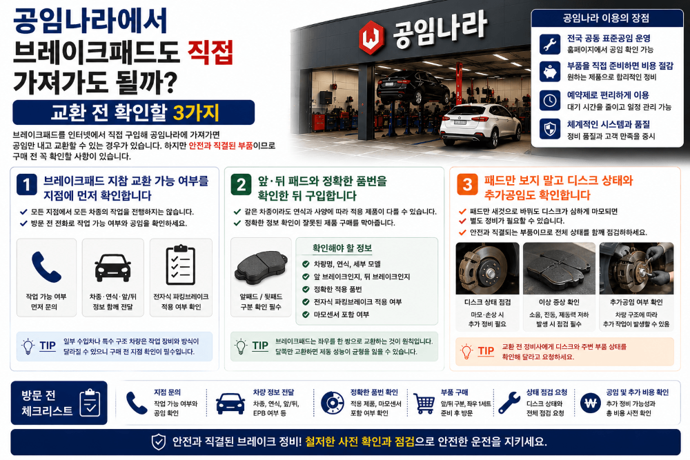 공임나라에서 브레이크패드도 직접 가져가도 될까? 교환 전 확인할 3가지