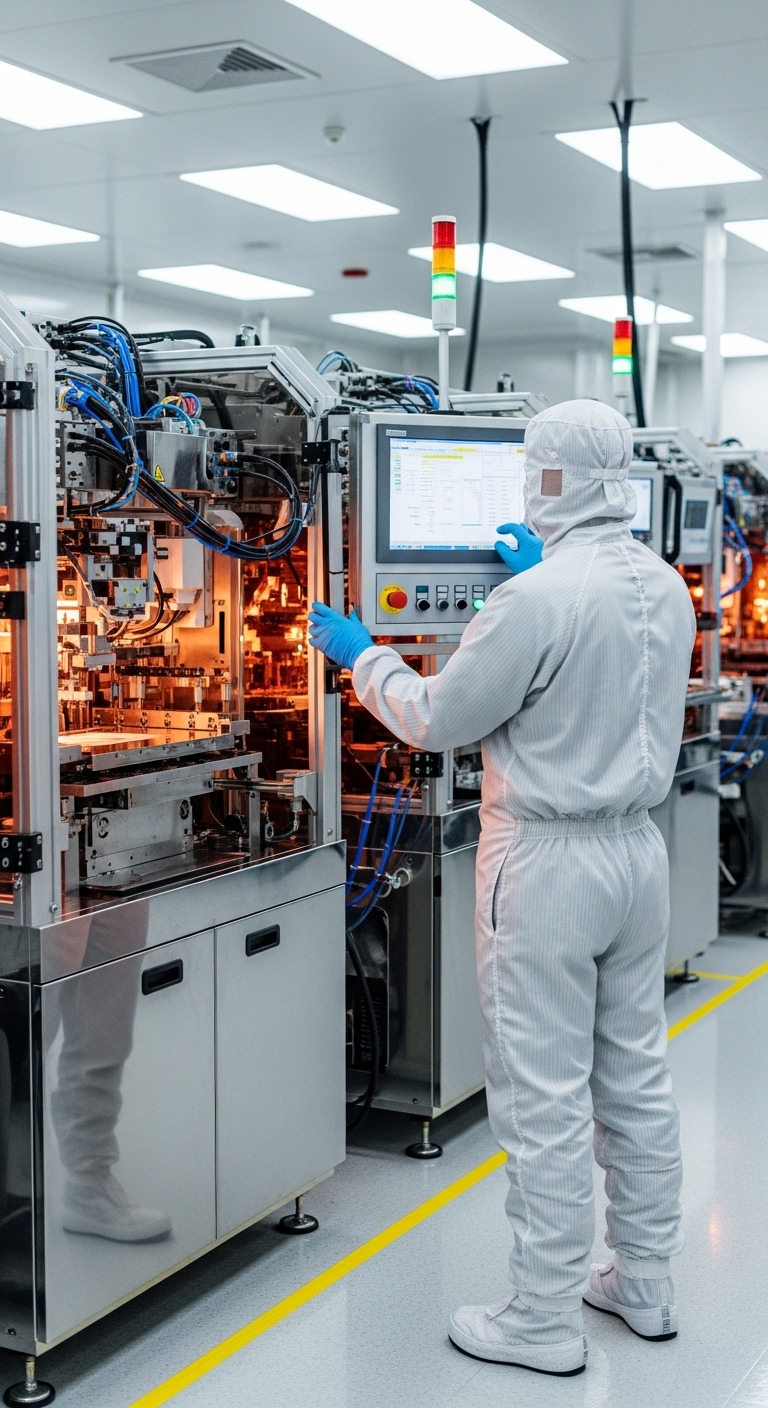 방진복을 입고 정밀한 반도체 장비를 점검하고 있는 전문 오퍼레이터의 뒷모습