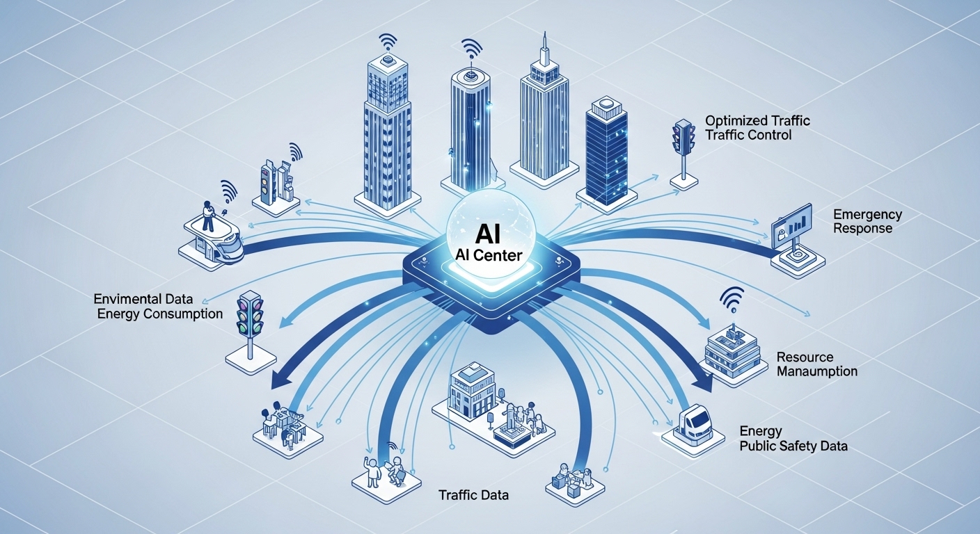 도시 곳곳의 센서에서 수집된 데이터가 중앙 AI 센터로 전송되어 분석되고 다시 도시 기능을 제어하는 순환 과정을 표현한 인포그래픽