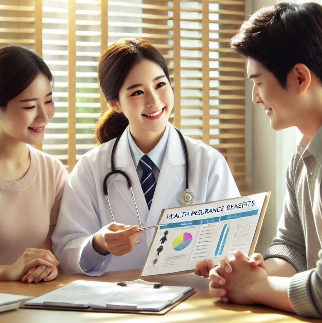 병원에서 의료진이 가족에게 건강보험 혜택을 설명하는 장면