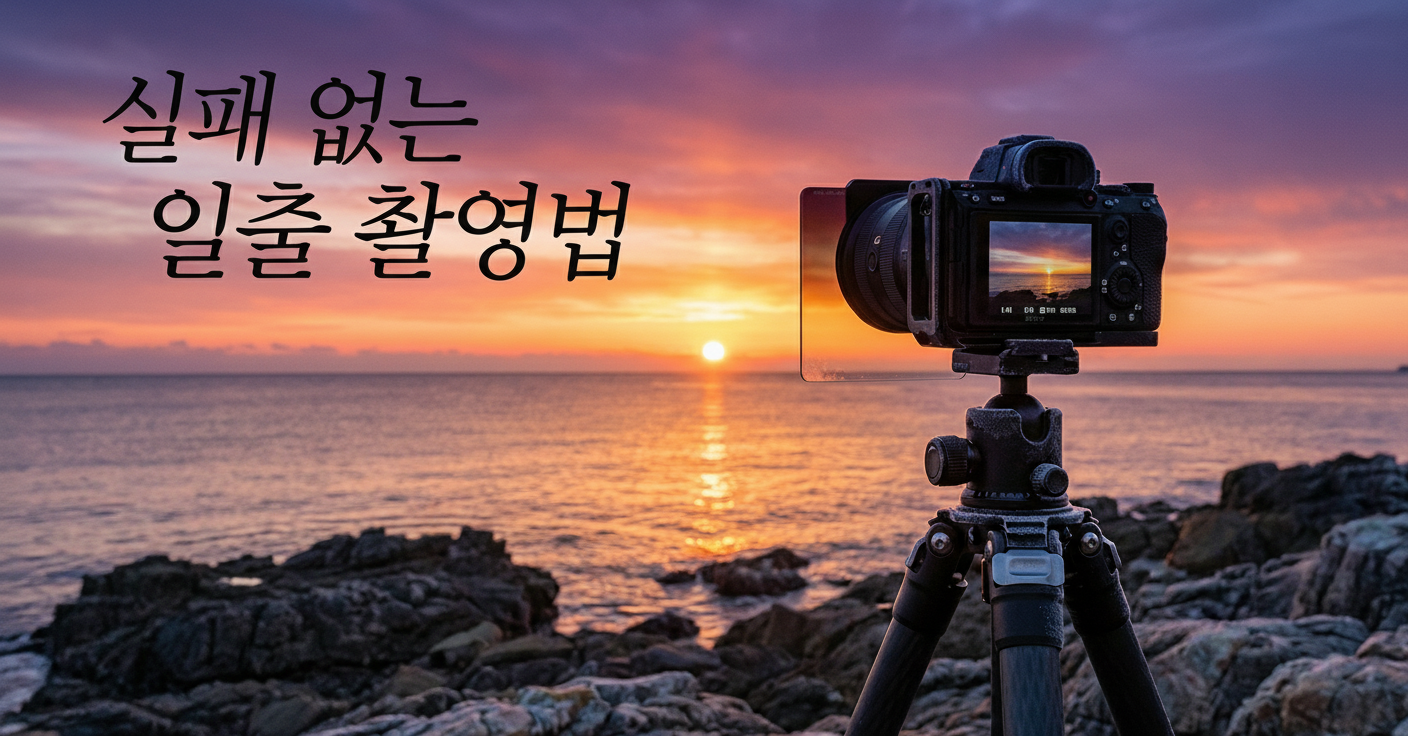 일출 촬영을 위해 삼각대를 설치한 카메라와 여명의 하늘