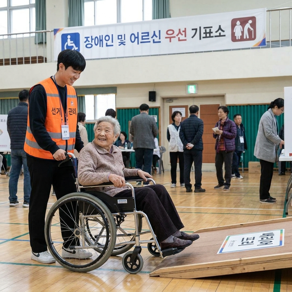 "휠체어 이용자 등 교통약자를 위해 마련된 투표소 내 무장애 경사로와 자원봉사자의 안내
