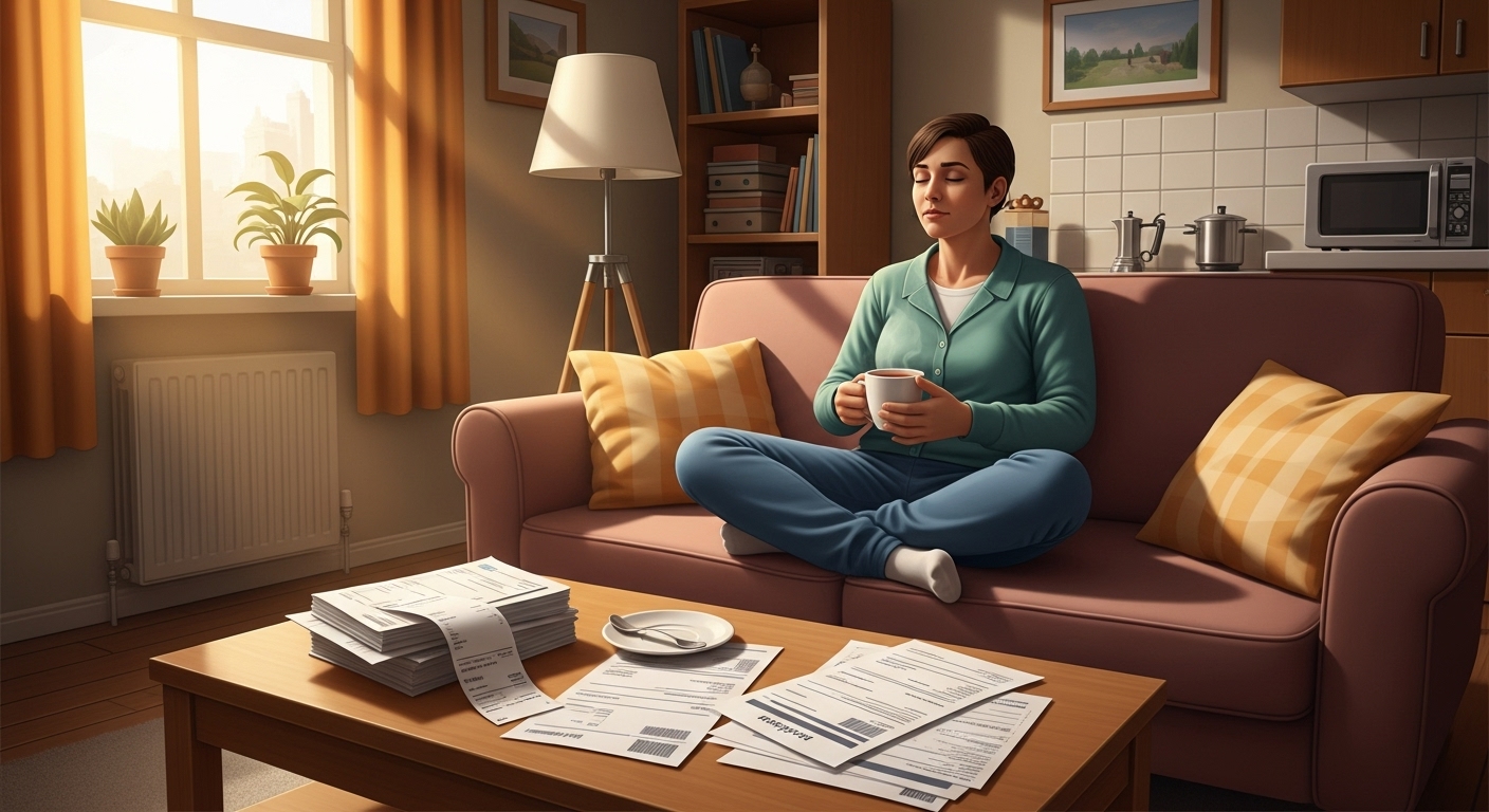 아늑한 거실에서 차를 마시며 편안하게 쉬는 사람. 전월세 지원금으로 주거비 부담을 덜고 심리적 안정감을 찾은 모습을 상징.