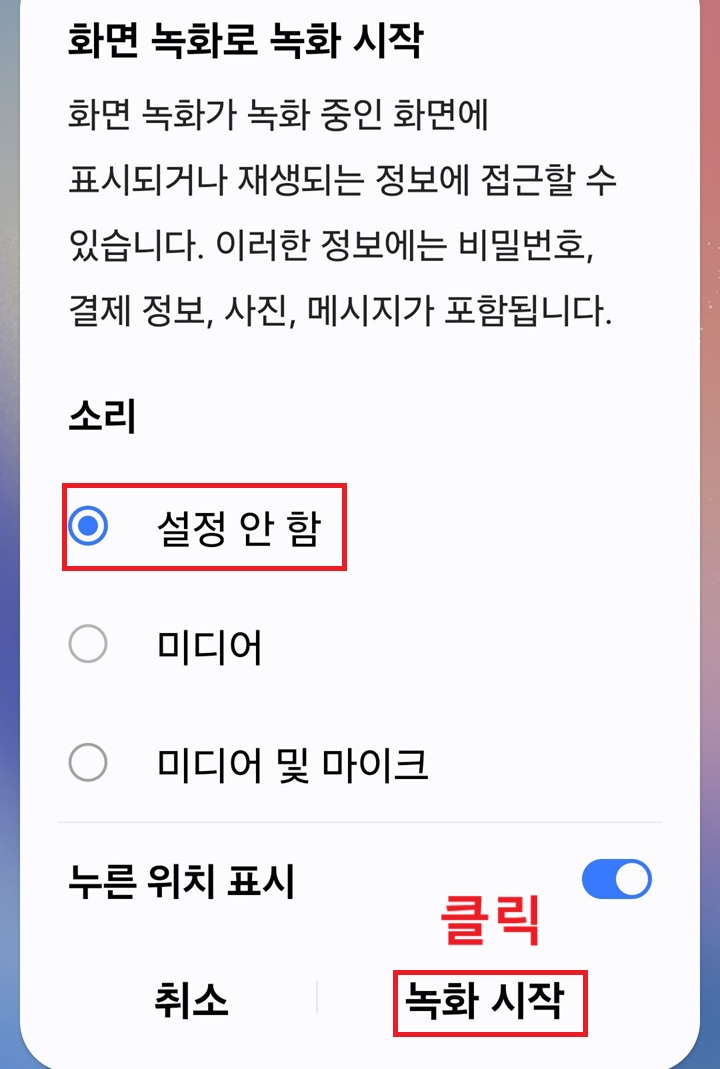 녹화시작 버튼 보임