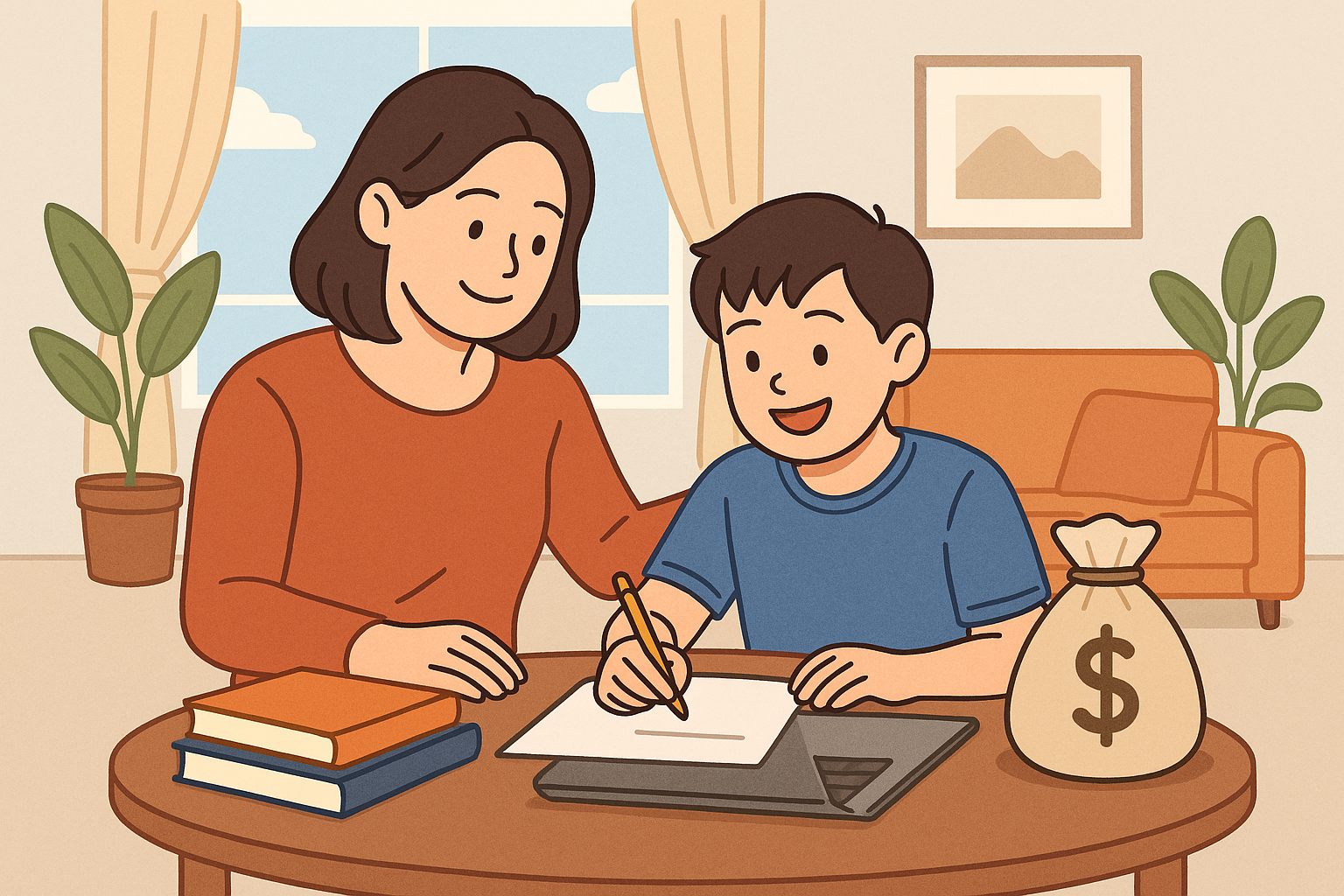 한부모 가정 학자금 지원 일러스트, 엄마와 아들이 공부하는 모습, 책과 장학금 상징