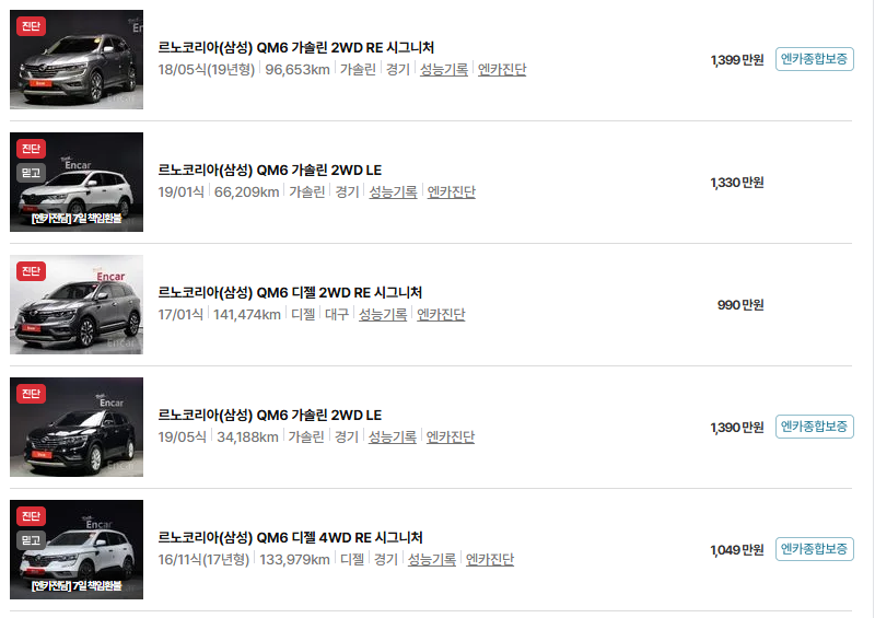 르노코리아 QM6 중고차 가격 시세표 유지비