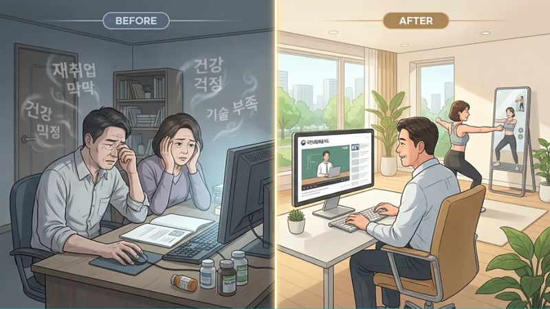 재취업과 건강 문제로 고민하던 5060 중장년 남녀가 국민내일배움카드를 활용하여 새로운 기술을 배우고 건강을 관리하며 제2의 인생을 시작하는 Before/After 모습. 국민내일배움카드 활용법.