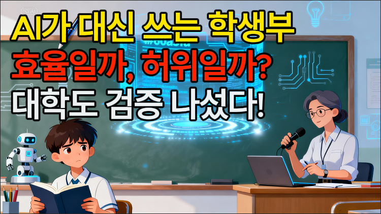 AI가 대신 쓰는 학생부, 효율일까 허위일까?, 대학도 검증 나섰다!라 쓰고 배경으로 교실의 모습을 애니메이션풍으로 표현한 일러스트
