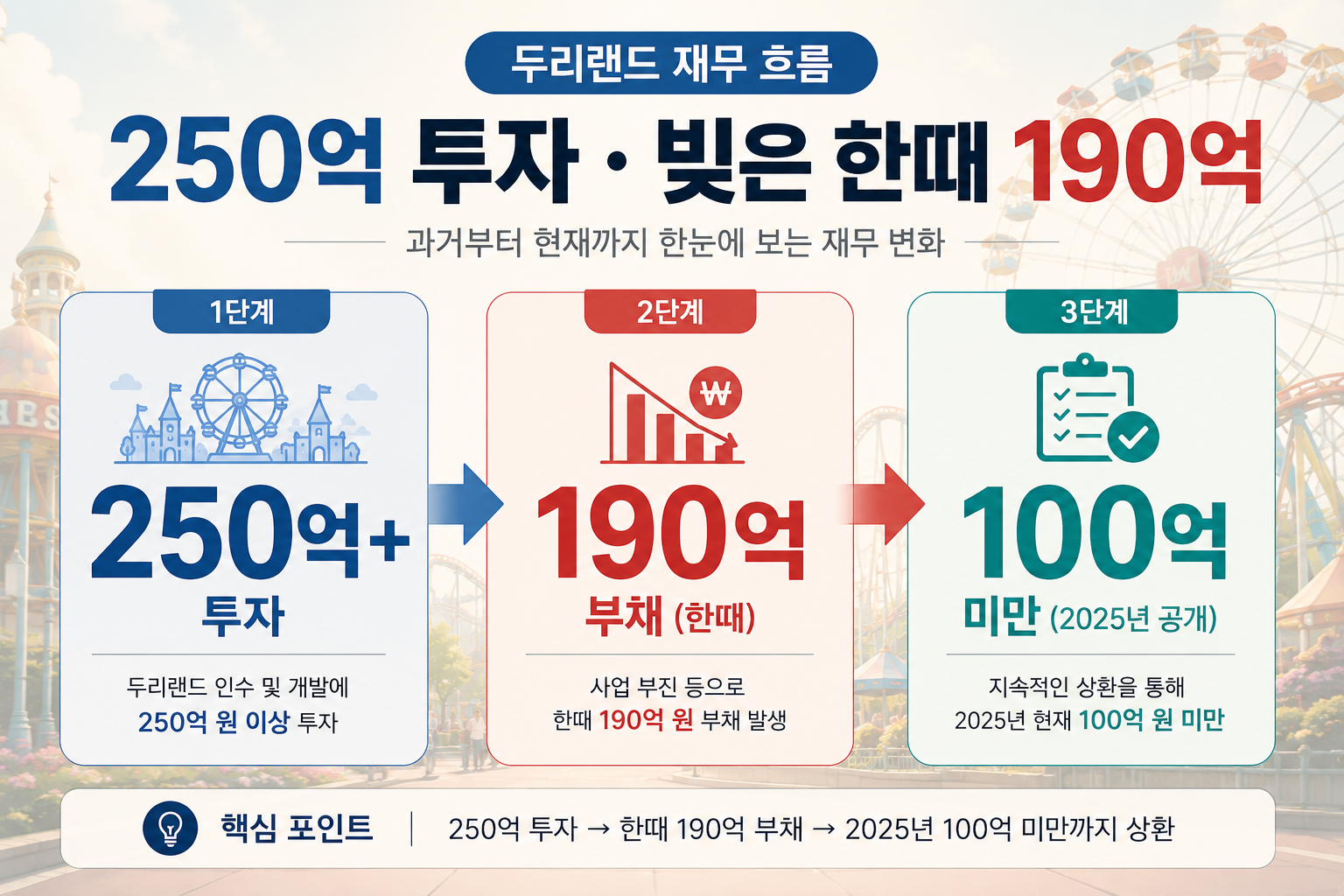 두리랜드 250억 투자와 과거 190억 부채 규모를 비교한 이미지