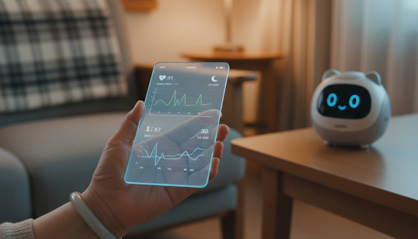 미래지향적인 투명 스마트폰 인터페이스를 들고 있는 한국인 노년 여성의 손 클로즈업. 화면에는 심박수와 수면 데이터 그래프가 있는 건강 모니터링 앱이 실행 중이다. 흐릿한 배경으로는 따뜻하고 안락한 거실이 보이며, 테이블 위에 작고 친근한 인상의 AI 로봇이 놓여 있다. 에이지테크가 제공하는 편안함과 안전함을 강조하는 부드럽고 따뜻한 조명. 사실적인 질감.