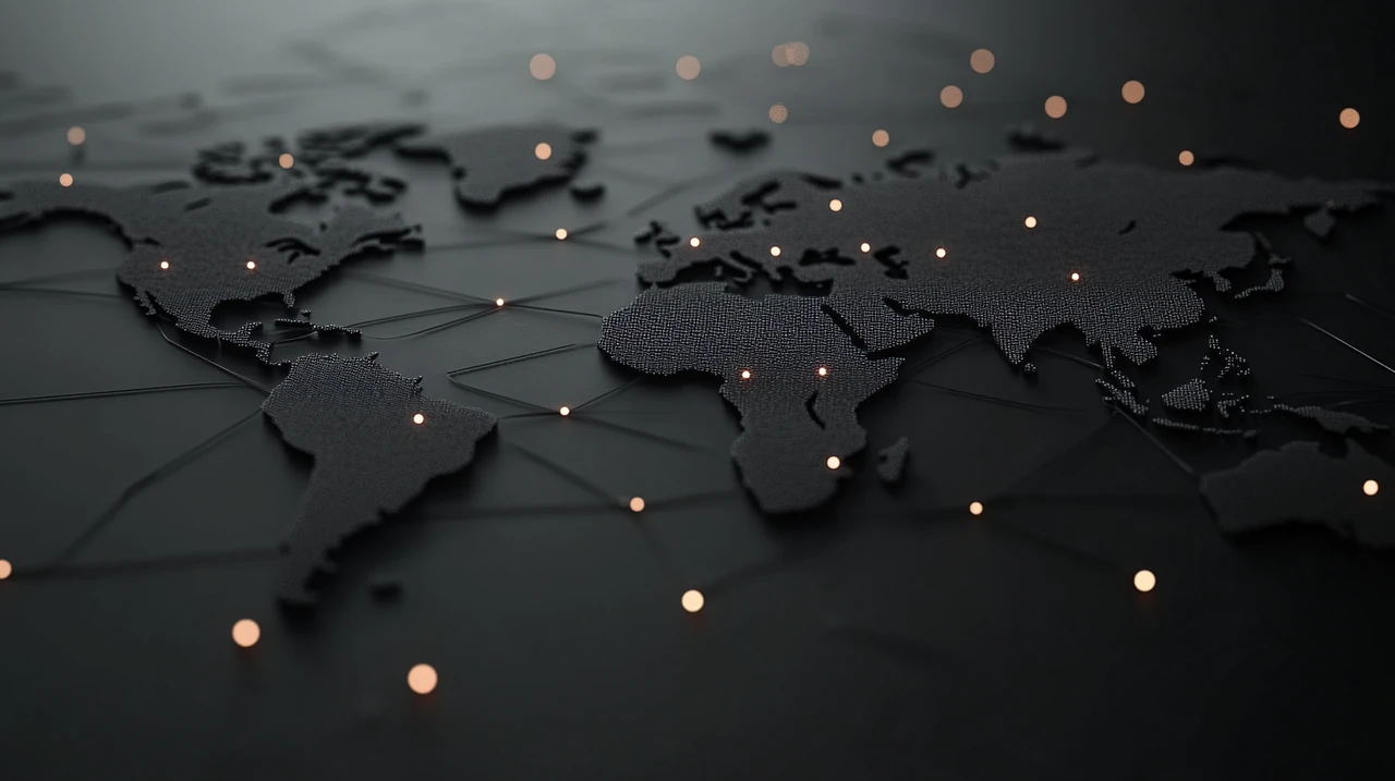 전 세계적으로 AI의 경제적 영향력과 성장을 보여주는 글로벌 지도는 조화로운 색상과 미세한 조명을 통해 확장성을 상징합니다.