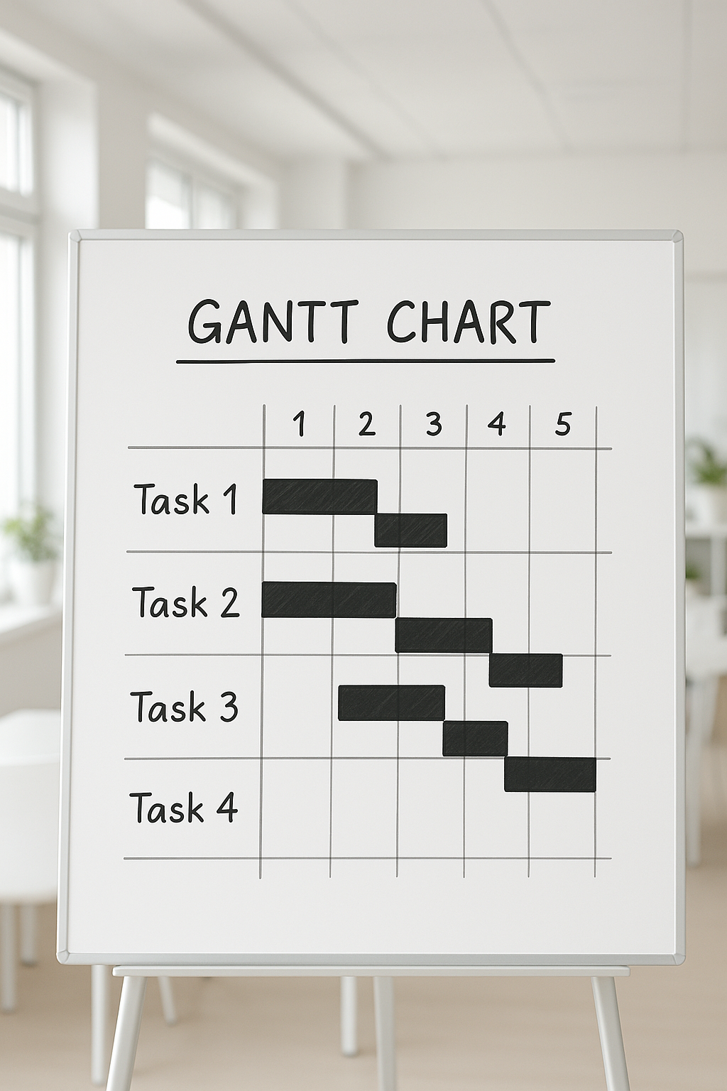 현대적 사무실 배경, 깔끔한 화이트보드에 프로젝트 일정 다이어그램, 테이블 위 노트북과 체크리스트, 블루 & 그레이 계열, 고해상도, 프레젠테이션 표지용