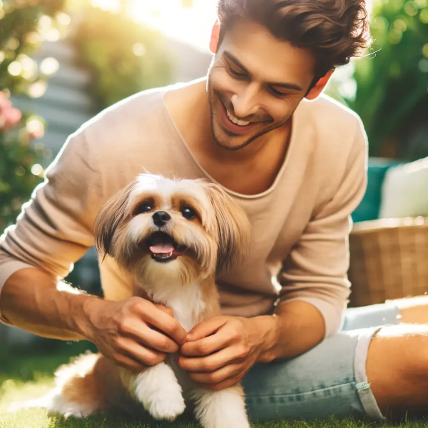 햇살 가득한 정원에서 윤기 나는 털을 가진 반려견과 부드럽게 놀아주는 젊은 남성의 초고해상도 사진