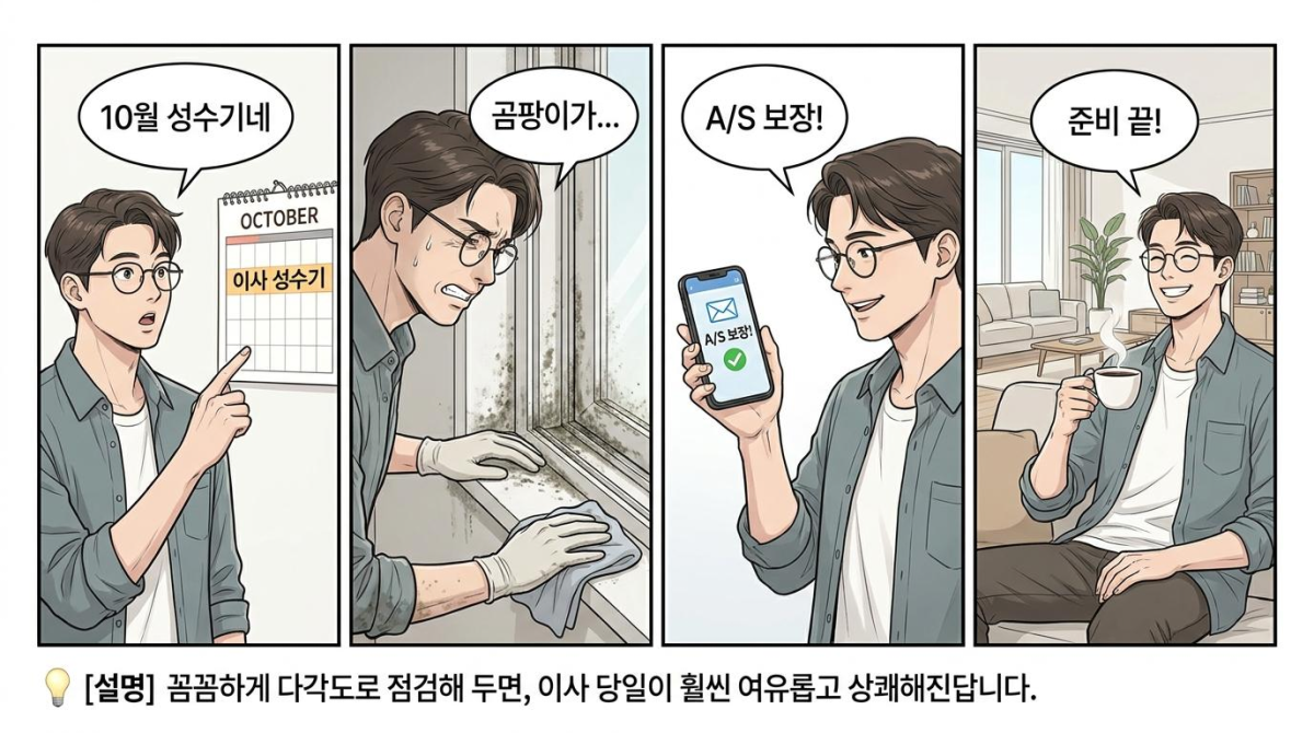 이사 성수기에 맞춘 3단계 점검을 실천하고 안도하는 결론부 4컷 만화
