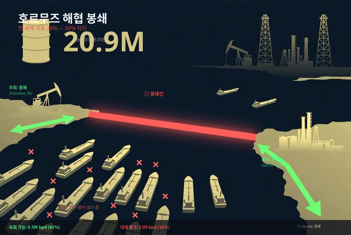 호르무즈 해협 봉쇄 원유 흐름 차단 우회 루트 인포그래픽