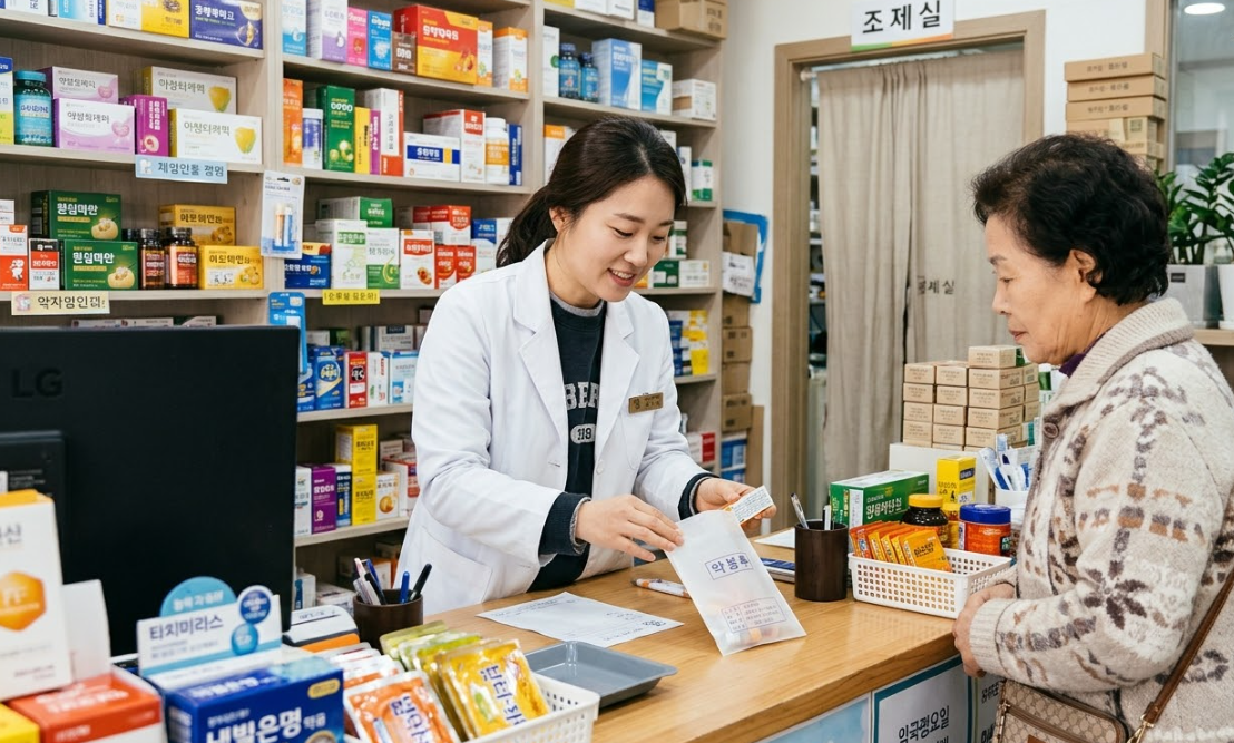 단골 동네 약국에서 약사와 친근하게 상담하는 모습