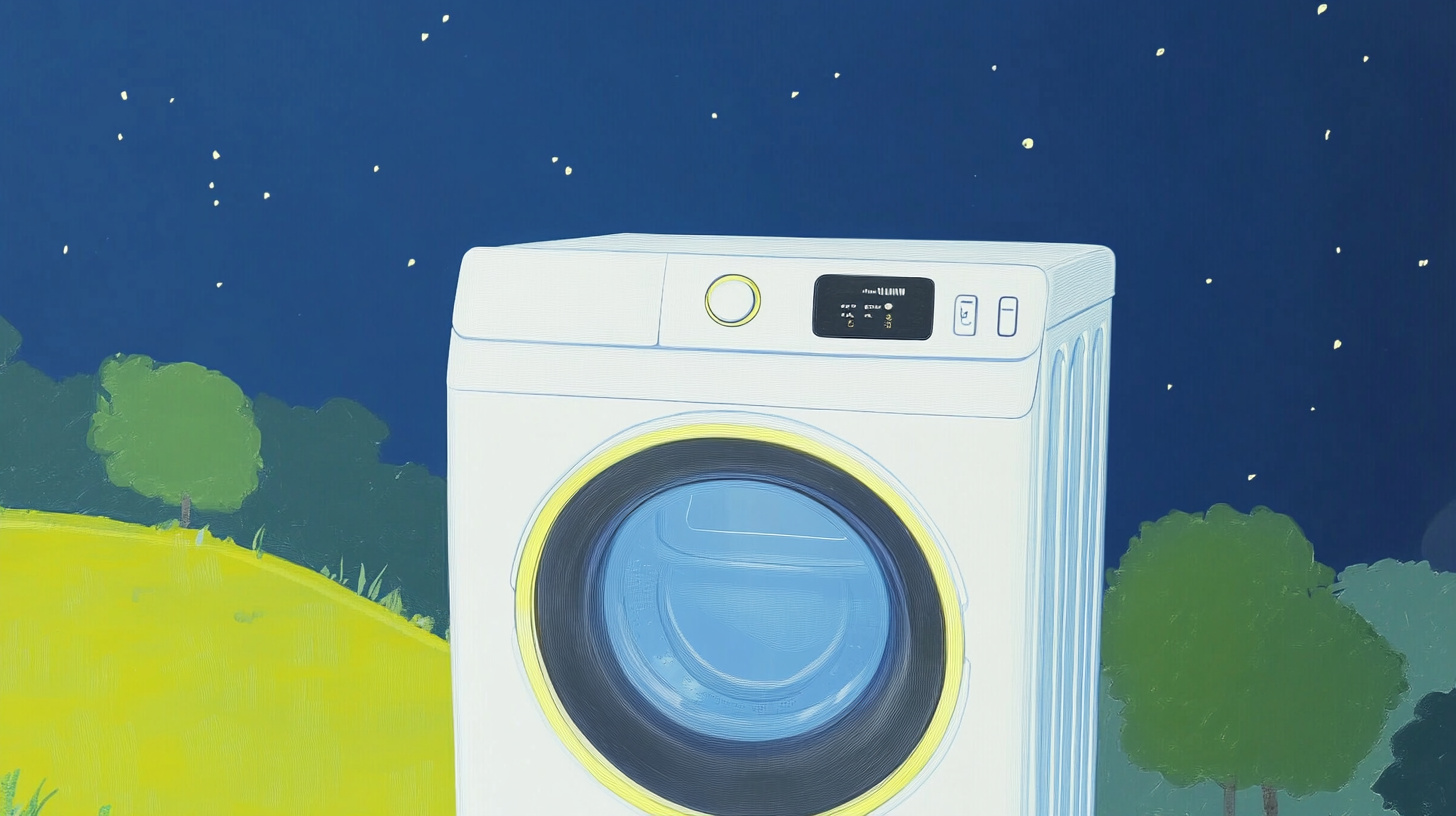 조용히 쉬고 있는 밤, 삼성 그랑데 AI 세탁기가 부드럽게 작동하는 평화로운 장면