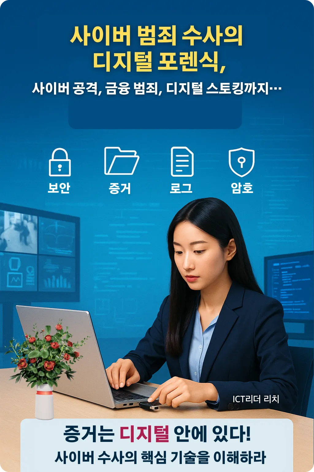 사이버 범죄 수사를 수행 중인 여성 디지털 포렌식 전문가가 포렌식 장비와 USB 장치를 분석하고 있는 인포그래픽 이미지