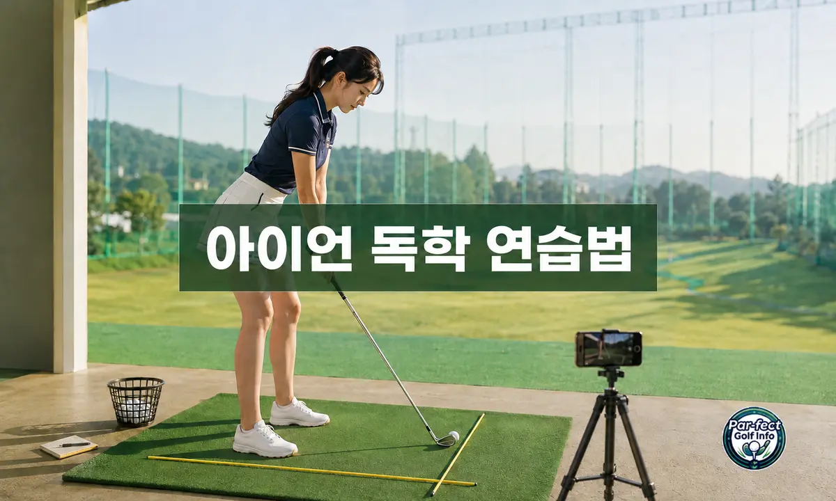 여성 초보 골퍼가 연습장에서 정렬 스틱과 스마트폰을 이용해 아이언 자세를 연습하는 모습