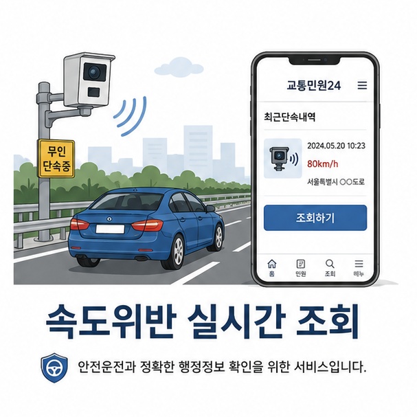 자동차와 무인단속카메라, 스마트폰을 이용해 속도위반 조회 방법을 소개하는 그림
