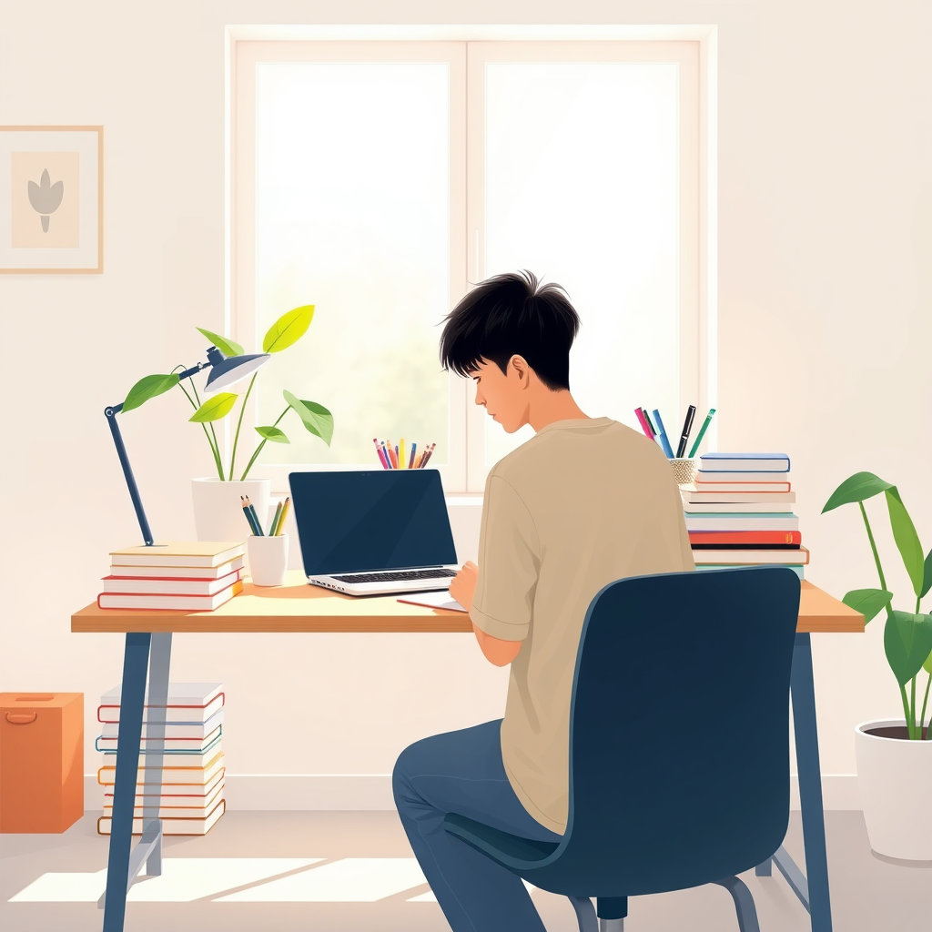 정돈된 공부 책상, 자연광 가득한 창문, 관엽식물, 집중하는 학생