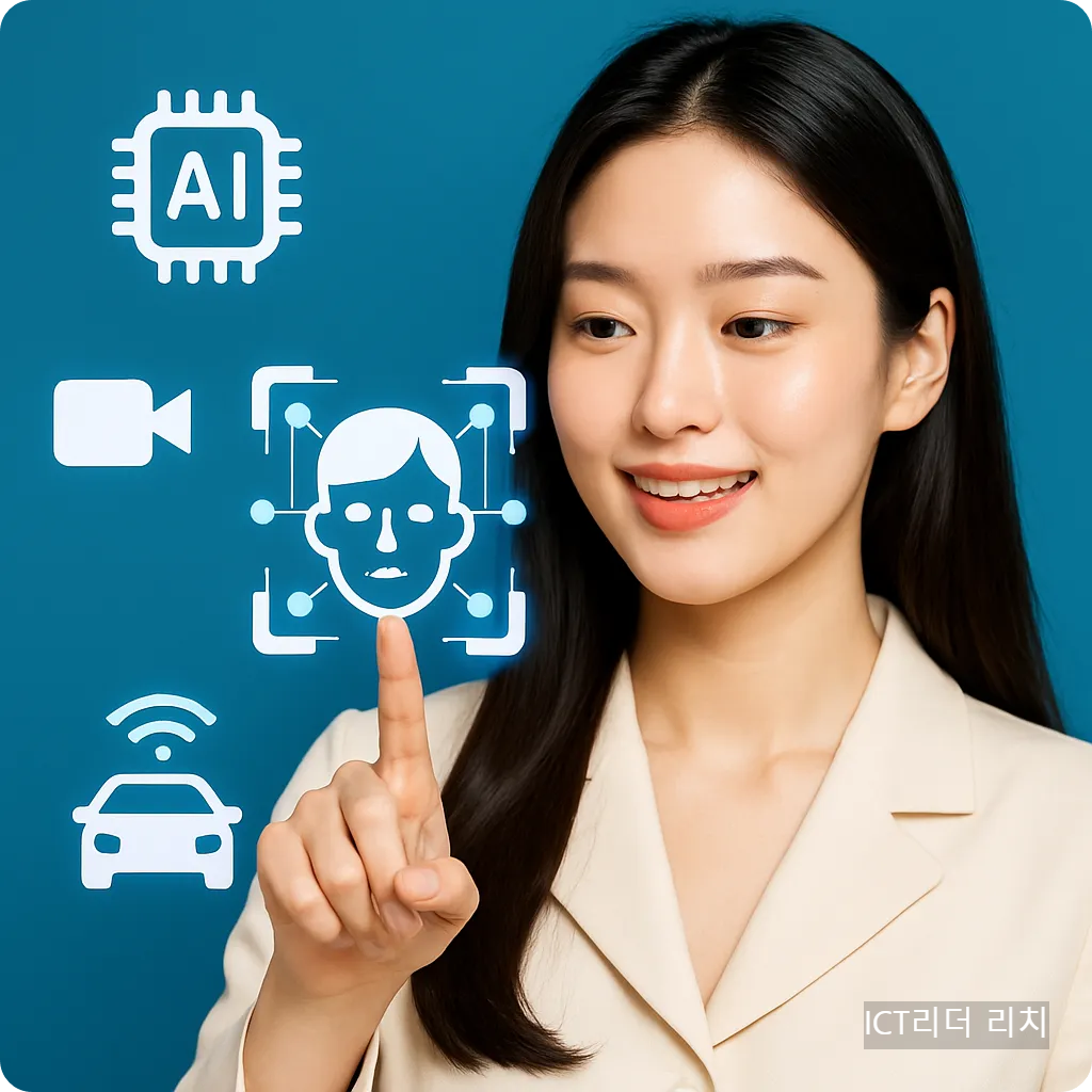 인공지능, 자율주행, 얼굴 인식 아이콘과 함께 AI 비전 기술을 시연하는 여성의 정사각형 이미지