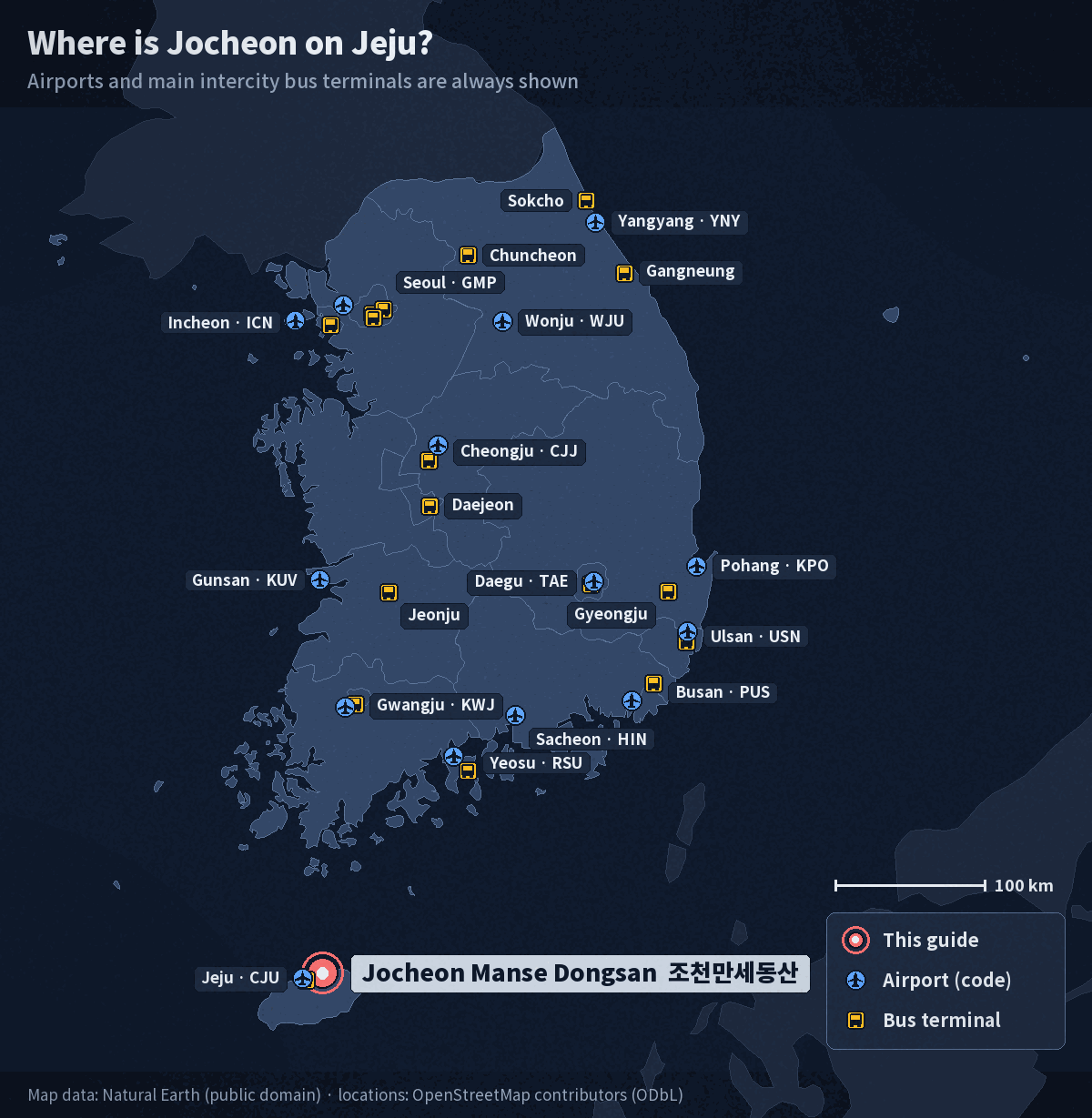 Map of South Korea with Jocheon on Jeju Island marked, showing Korea's airports and main intercity bus terminals