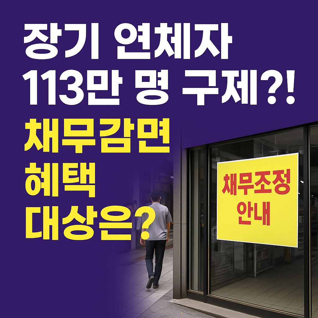 "장기 연체자 113만 명 구제?! 채무감면 혜택 대상은?"이라는 문구가 적힌 썸네일 이미지. 오른쪽엔 '채무조정 안내'라고 쓰인 노란색 포스터가 붙은 상점 창문과 거리를 걷는 시민이 보인다.