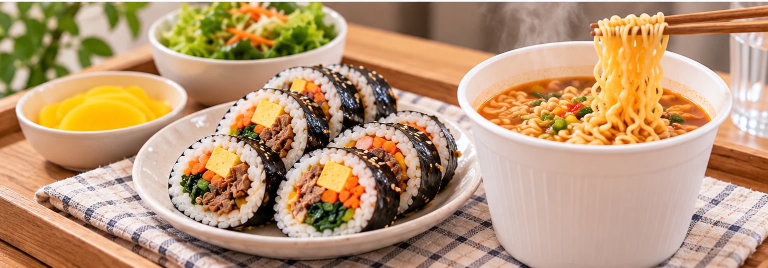 편의점 김밥과 컵라면을 함께 먹는 식사 모습으로 한 끼 나트륨 섭취량을 설명하는 이미지