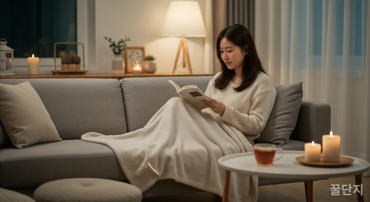 집 거실 소파에서 편안하게 책을 읽는 한국 여성