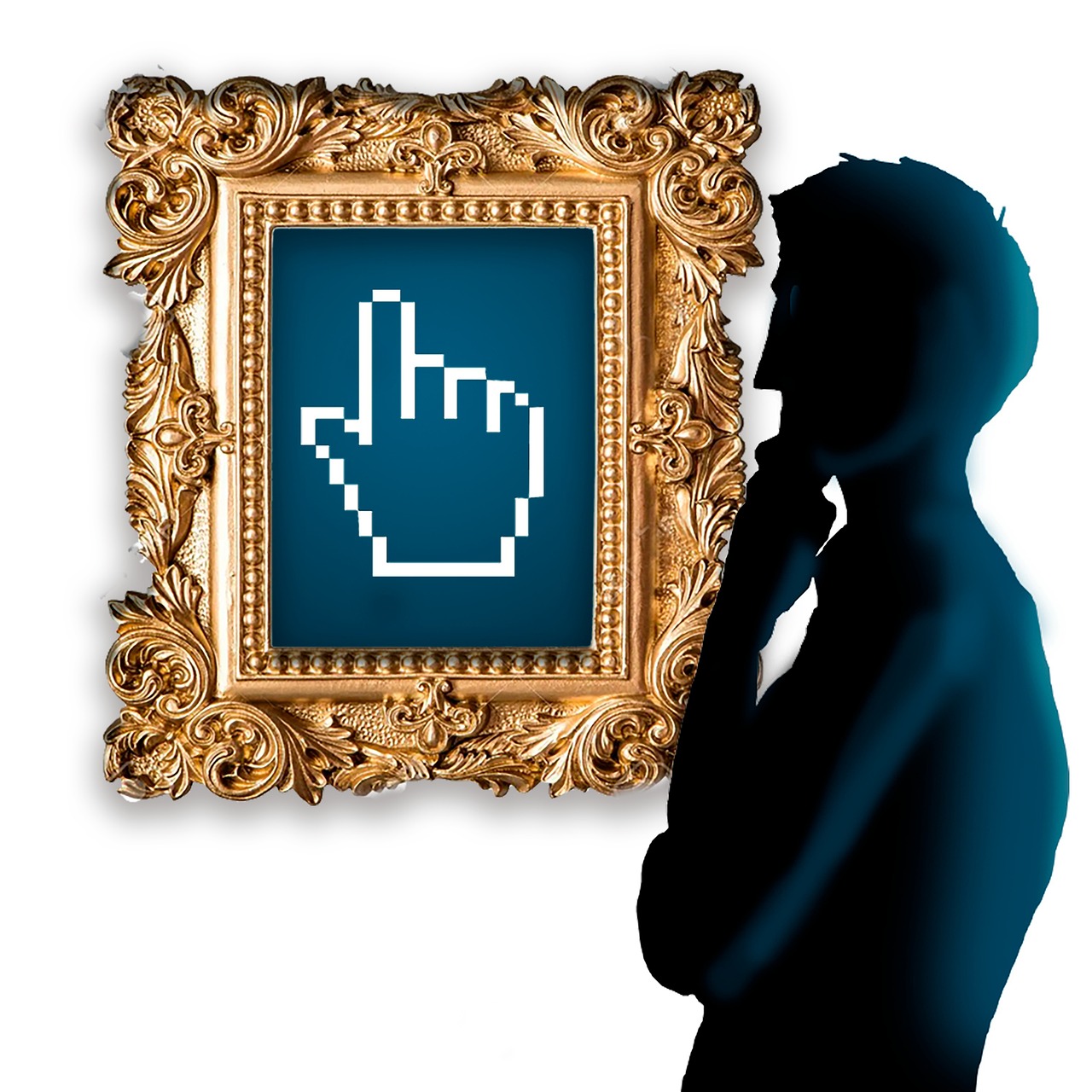 작은네모 픽셀로 그려진 그림을 보고 궁금해하는 남자, NFT, 디지털 아트