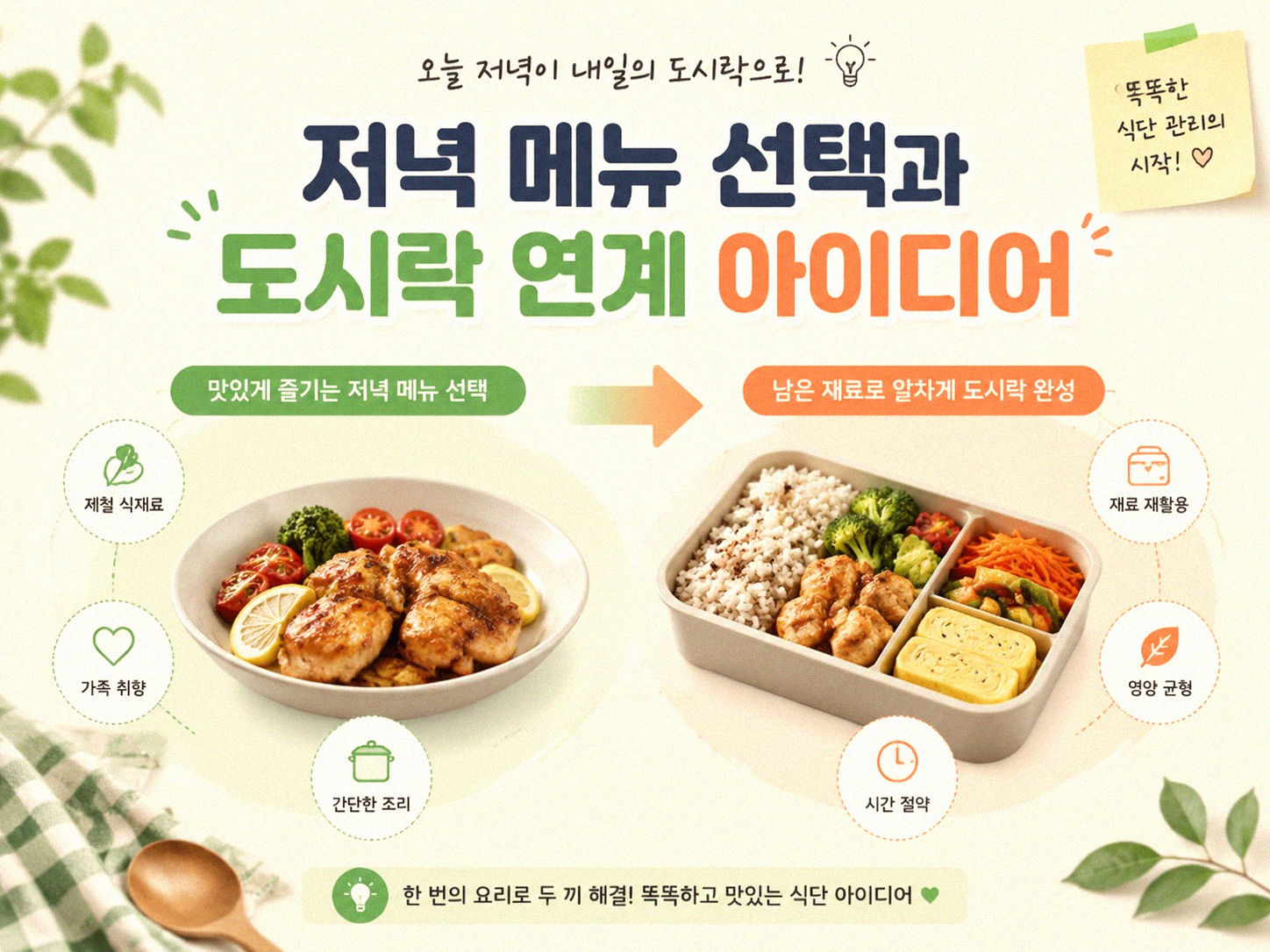 저녁 식사 준비로 다음 날 도시락 식탁 차리기