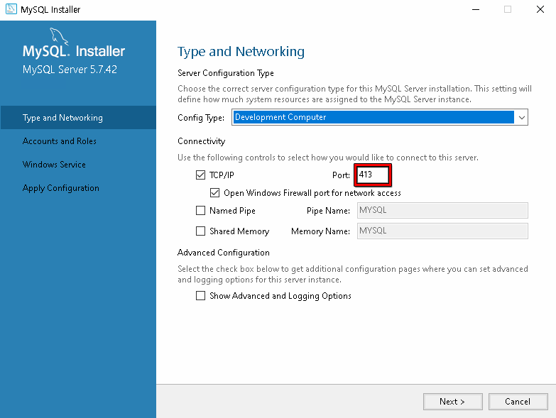 MySQL Installer Type and Networking 설정 예시 화면