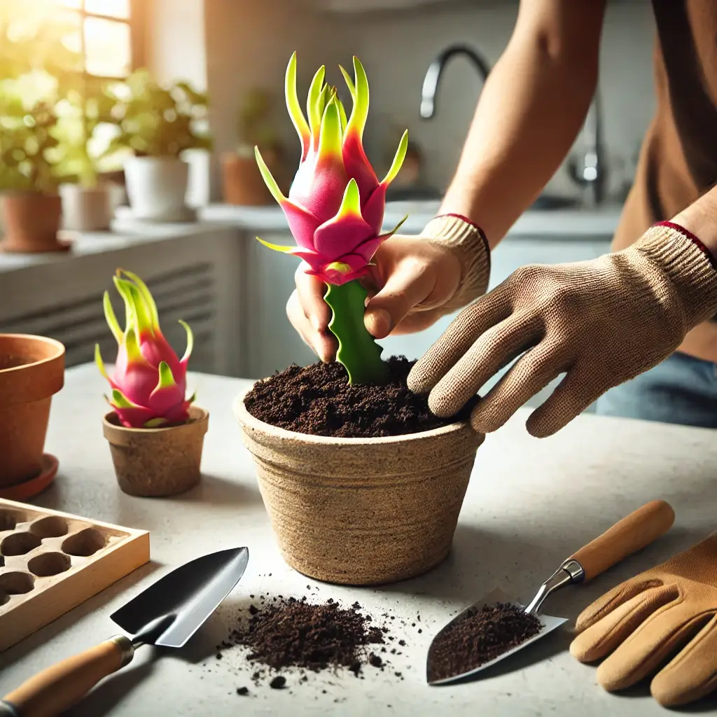 실내 화분에 용과 줄기를 심는 모습. 배경에는 흙과 화분, 작은 삽과 장갑이 놓여 있어 재배 준비 과정을 보여줍니다.