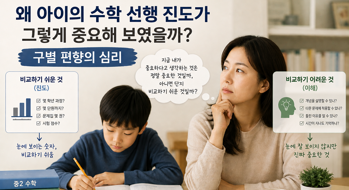 공부하는 아이와 고민하는 엄마모습 심리학의 구별편향