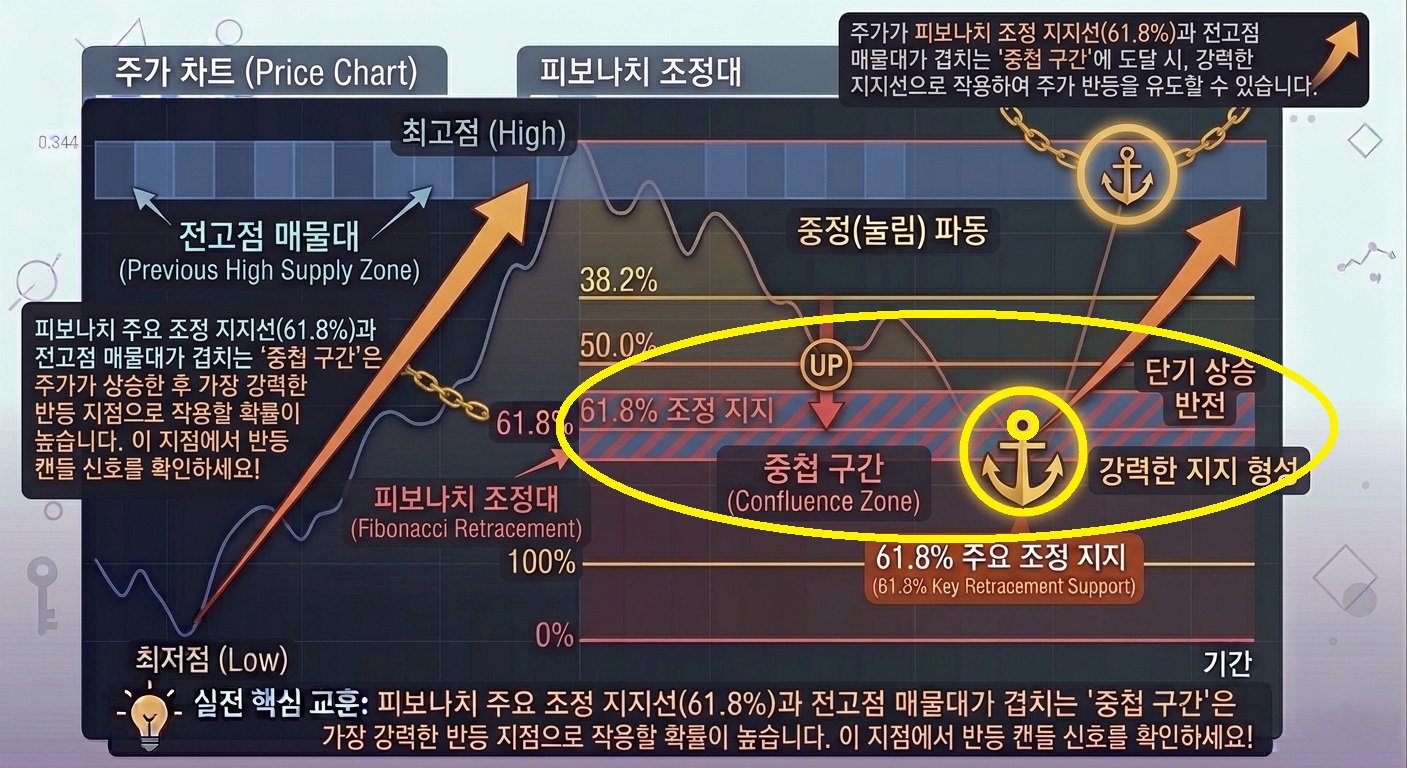 전고점 매물대와 피보나치 조정선이 일치하는 중첩 구간