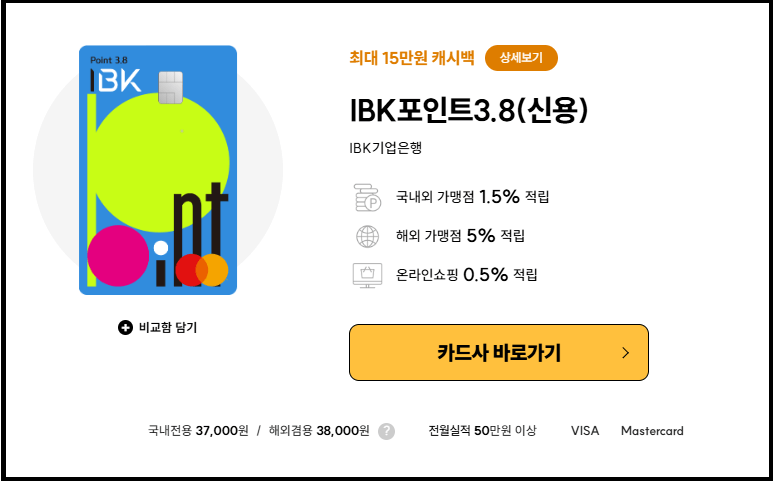 포인트 신용카드 추천 IBK포인트3.8(신용) - 포인트 중복적용 6.5%