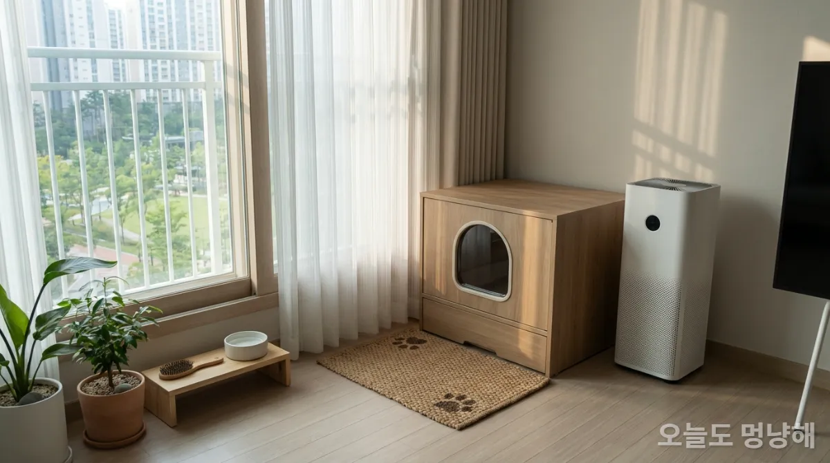 환기가 잘 되고 사적인 공간에 배치된 고양이 화장실 환경