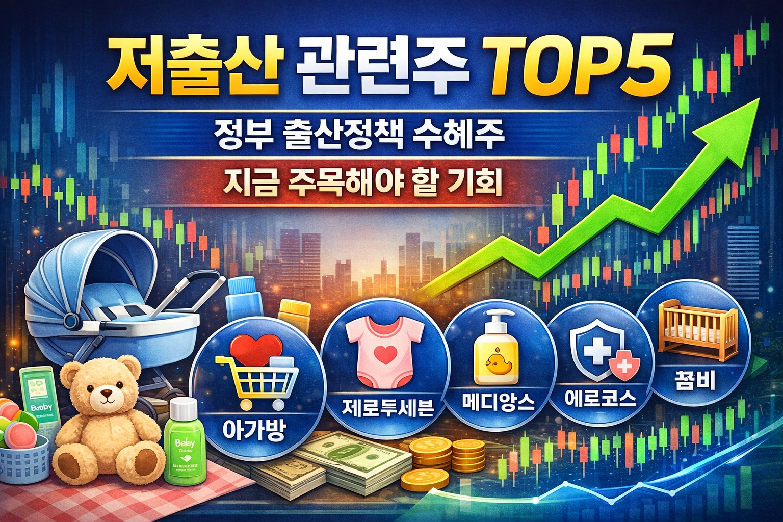 저출산 관련주 TOP5, 정부 출산 정책 수혜주와 육아·위생 산업 투자 전략을 강조한 금융 뉴스형 썸네일