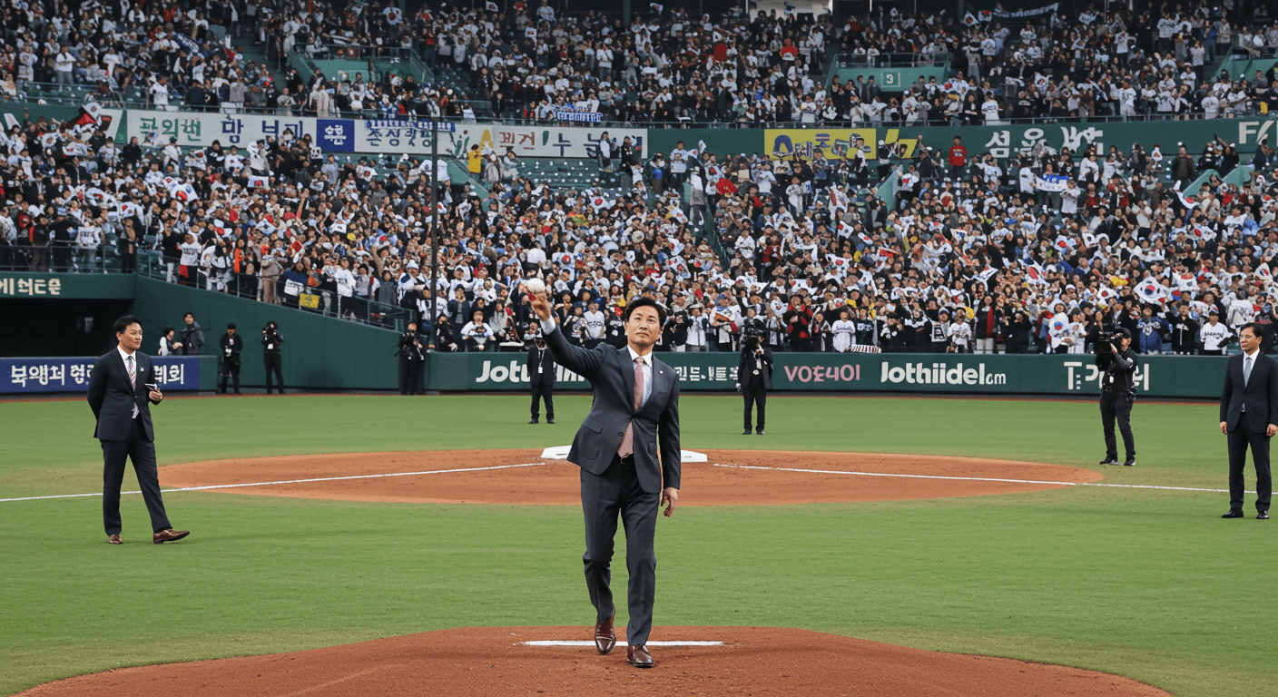 한국인 야구 총재가 가득 찬 야구장에서 개막식 시구를 던지는 장면&amp;#44; 뒤에는 한국인 관중들이 환호하는 극사실적 이미지 3