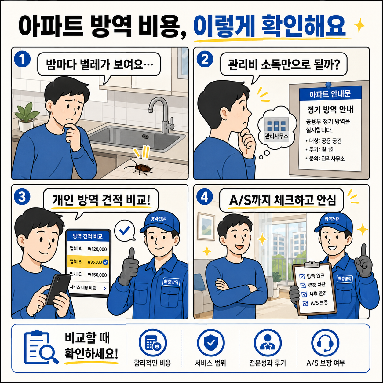 밝은 아이보리 배경의 정사각형 네컷만화 인포그래픽. 상단 제목은 &ldquo;아파트 방역 비용, 이렇게 확인해요&rdquo;이다. 1컷에서는 파란 옷을 입은 남성이 주방에서 바퀴벌레를 보고 &ldquo;밤마다 벌레가 보여요&hellip;&rdquo;라고 고민한다. 2컷에서는 남성이 아파트 안내문을 보며 &ldquo;관리비 소독만으로 될까?&rdquo;라고 생각하고, 정기 방역 안내문이 함께 보인다. 3컷에서는 남성이 휴대폰으로 개인 방역 견적을 비교하고, 방역전문 남자 캐릭터가 옆에서 엄지를 든다. 4컷에서는 방역 후 남성이 안심한 표정을 짓고, 방역 캐릭터가 A/S 보장 체크리스트를 보여준다. 하단에는 비교할 때 확인할 항목으로 합리적인 비용, 서비스 범위, 전문성과 후기, A/S 보장 여부 아이콘이 정리되어 있다.