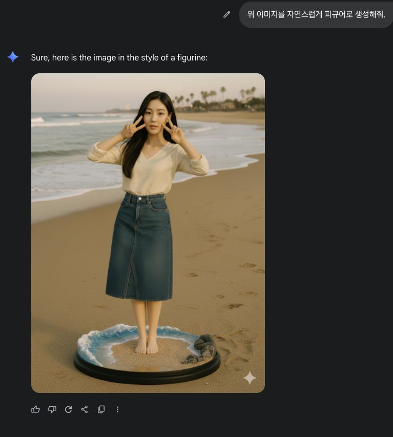 손을 브이하고 배경을 해변으로 바꾼 이미지를 피규어로 만든 이미지